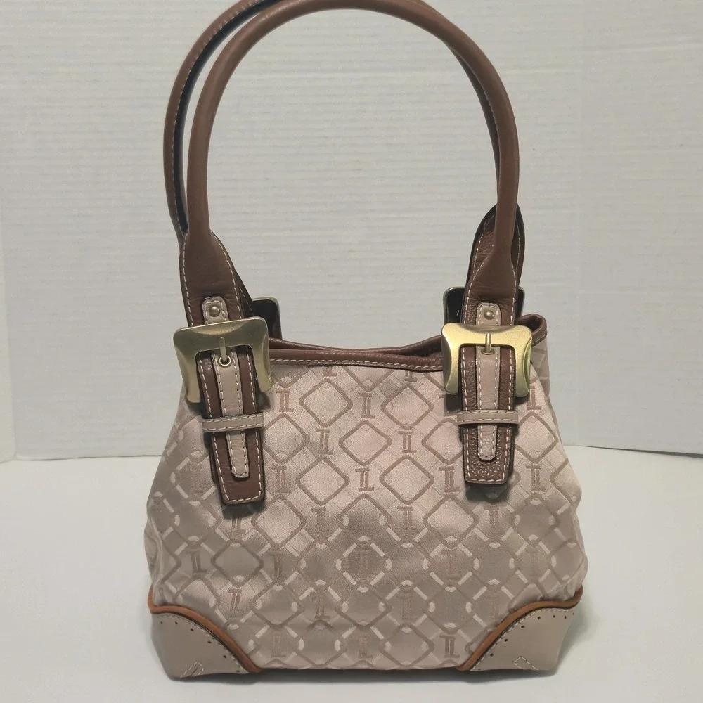 Tignanello Signature Satin Satchel Shoulder Bag Handbag Purse Tan Leather Trim